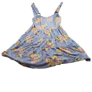 Planet Gold Womens Floral Tiered Mini Dress L Blue Yellow